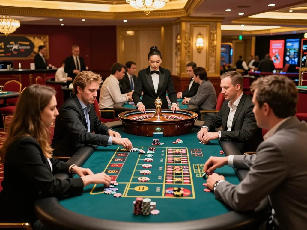 vaobet players engaged at roulette tables, vibrant casino atmosphere with spinning wheel and croupiers managing bets