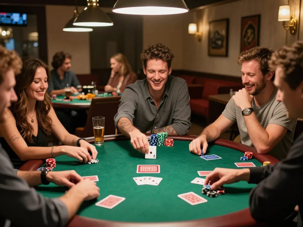 Players enjoying a friendly poker game at home while using okfun for enhanced betting strategies