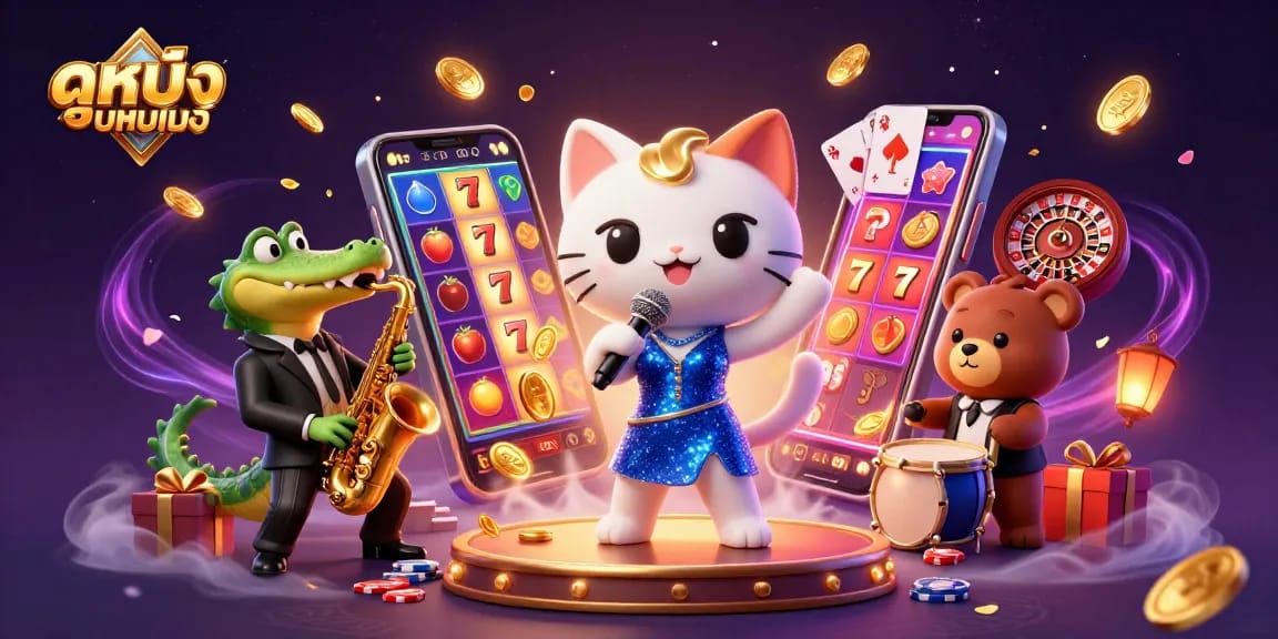 Experience ดูหนังออนไลน์ with an exciting casino scene featuring animated characters and vibrant slot games.