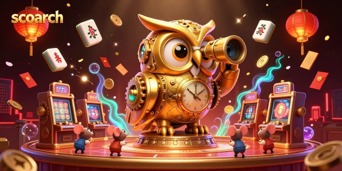 Experience the thrilling world of scoarch with a vibrant 3D scene featuring a golden owl, wind-up mice, and dynamic casino elements.