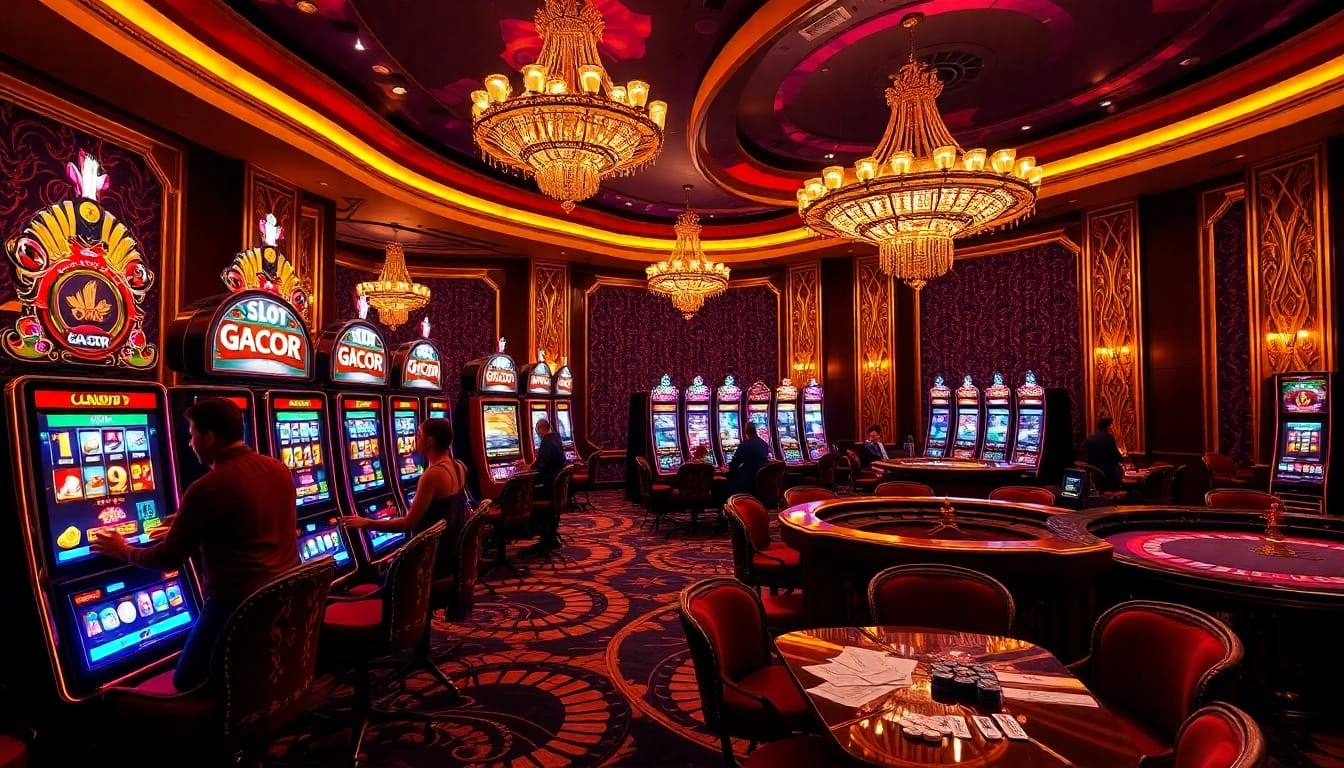 Experience the excitement of slot gacor at a luxurious casino with vibrant lights and players.