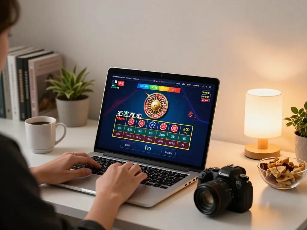 open88 player enjoying online casino gaming with a laptop in a cozy home setup