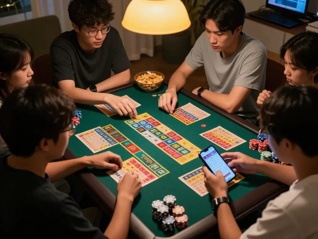 Engaged players checking Togel HK results during an exciting game night with warm lighting.