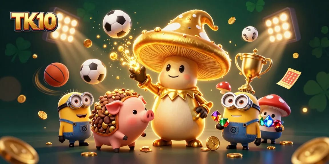Experience the excitement of TK10 with this magical illustration of a golden wizard and treasure-hunting pig amidst vibrant casino elements.