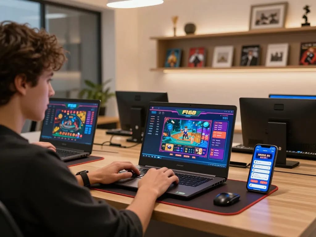 Playing F168 online casino games on a laptop in a cozy home setup with strategy books.