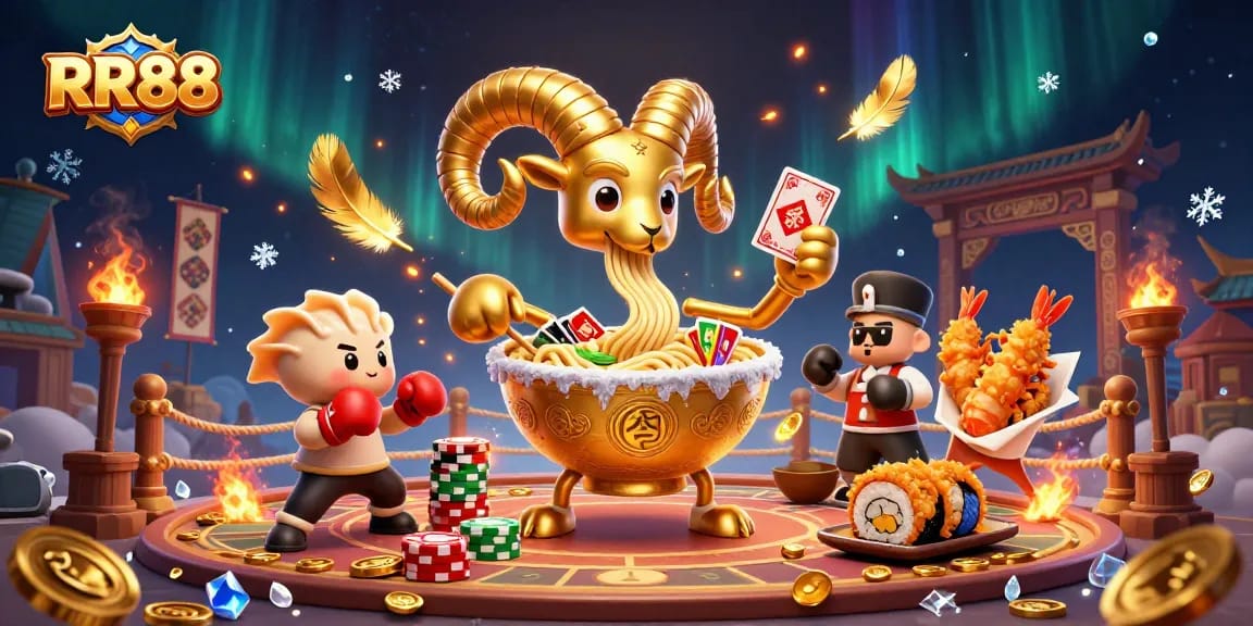 RR88 features a vibrant, engaging 3D illustration of a dynamic casino setting with unique character interactions.