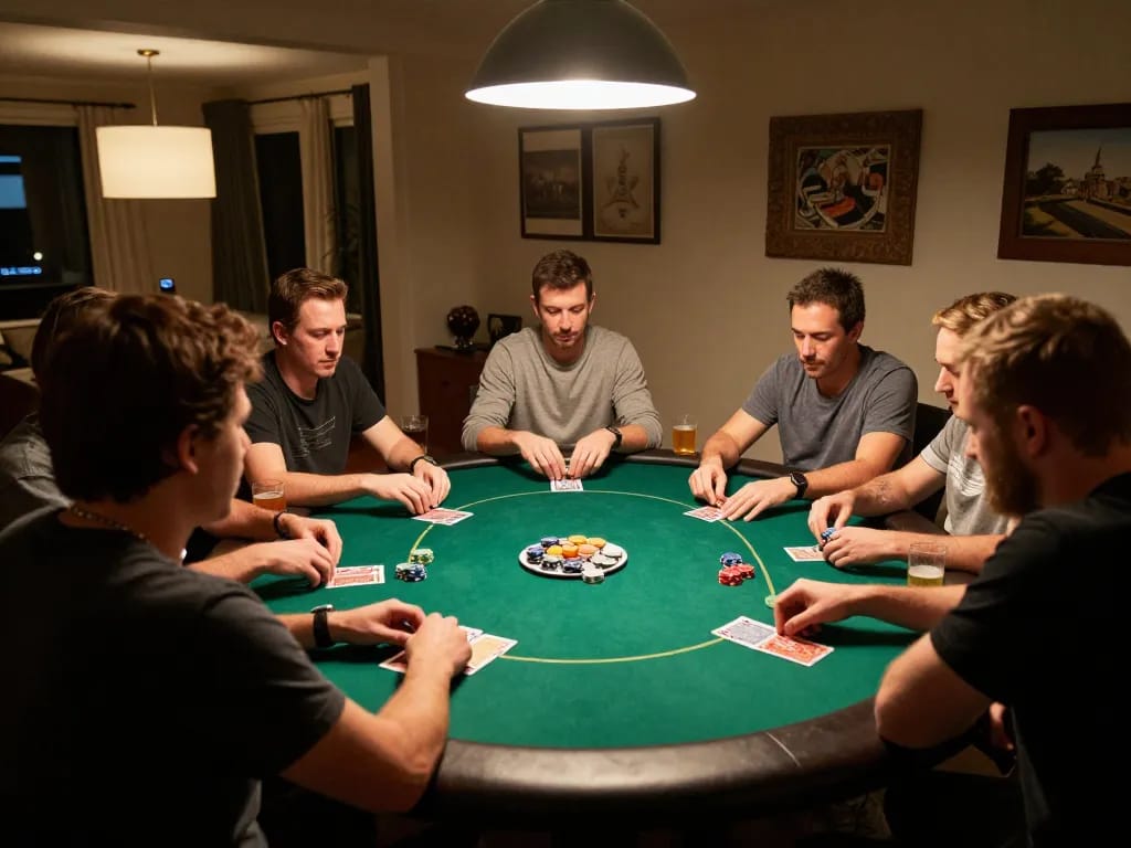 MMOO players enjoying an engaged poker game night, showcasing strategic gameplay and social atmosphere