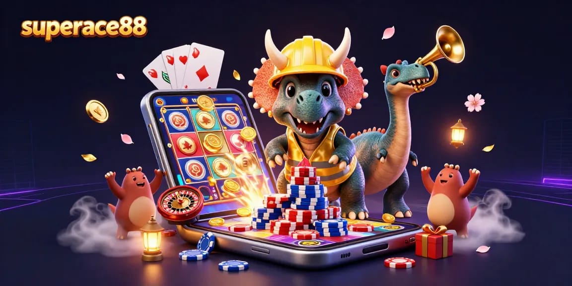Engage with superace88 through an enchanting 3D scene featuring playful characters and vibrant casino elements.