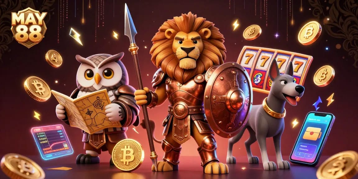 Win big with MAY 88 casino scene featuring a Spartan lion, owl strategist, and lucky greyhound.