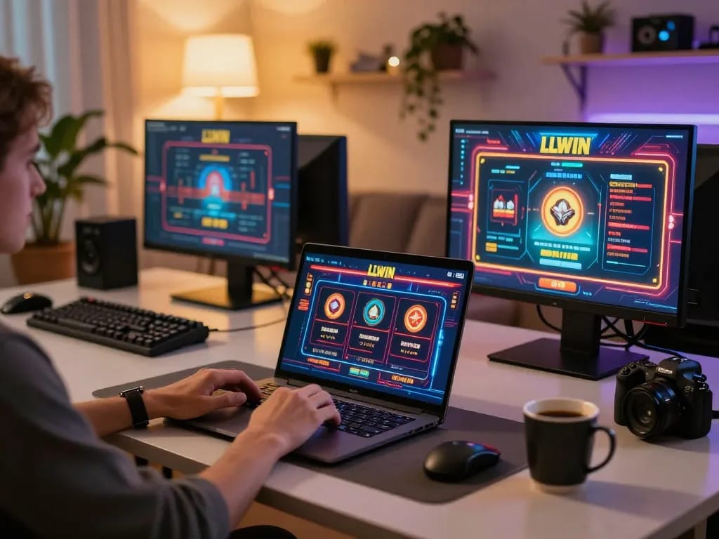 Engaging gaming moment on LLWIN with a player using a laptop in a cozy setup, highlighting online casino excitement.