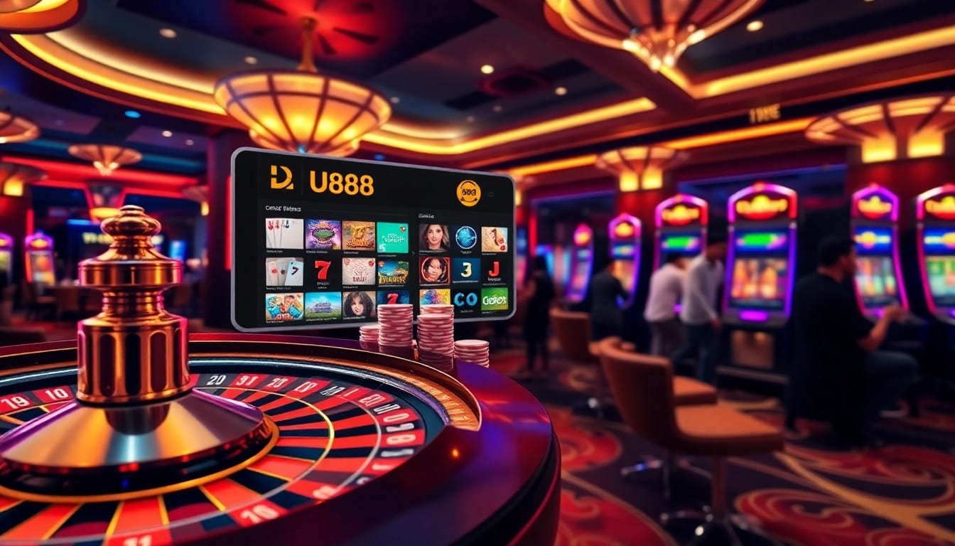 Experience thrilling gaming at U888 with an exciting roulette wheel and vibrant slot machine action.
