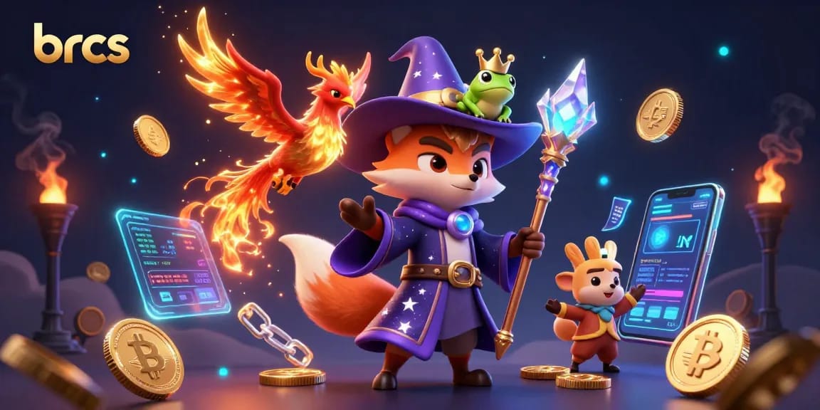 brcs showcases a vibrant casino scene with a wizard fox, phoenix, and crypto elements.