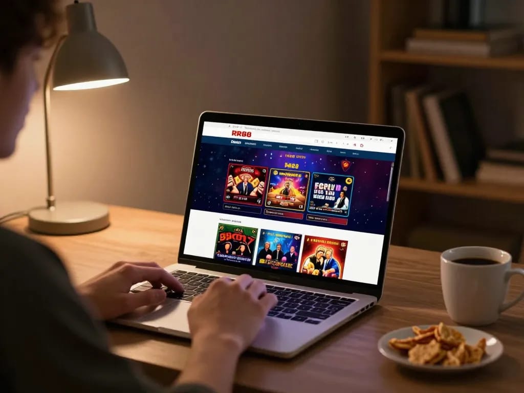 Engage with RR88 online casino on a sleek laptop while enjoying comfortable home gaming.