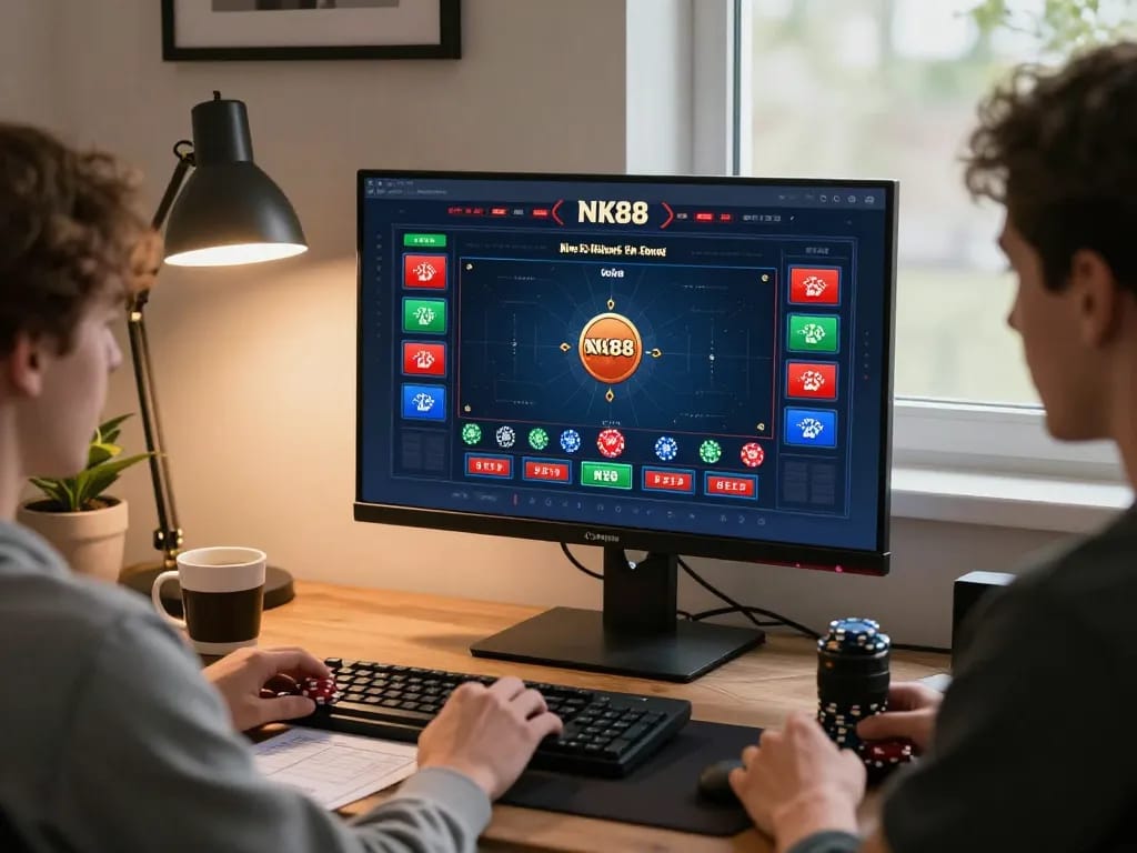 Engaging gameplay on NK88 casino game during a cozy home gaming session, with strategic notes visible.