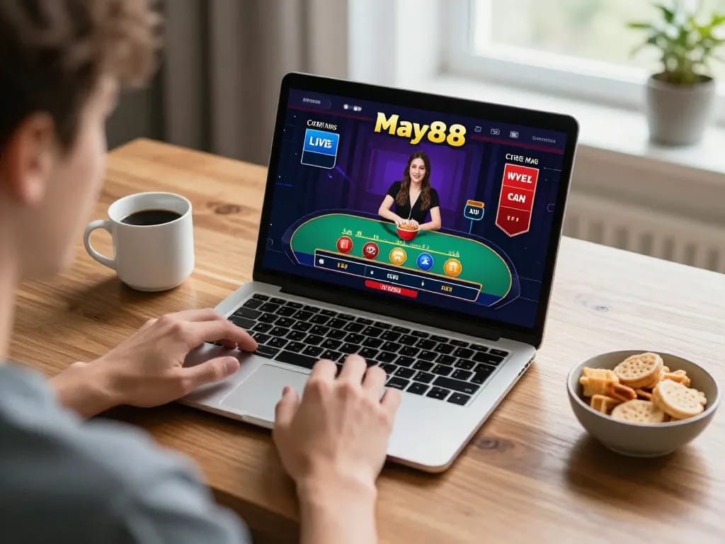 Engaged player using May88's live casino platform for an immersive gaming experience