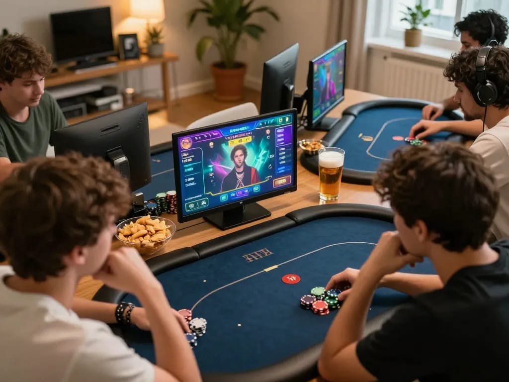 Players enjoying an online poker night at home, showcasing rik vip gaming experience with vibrant interactions