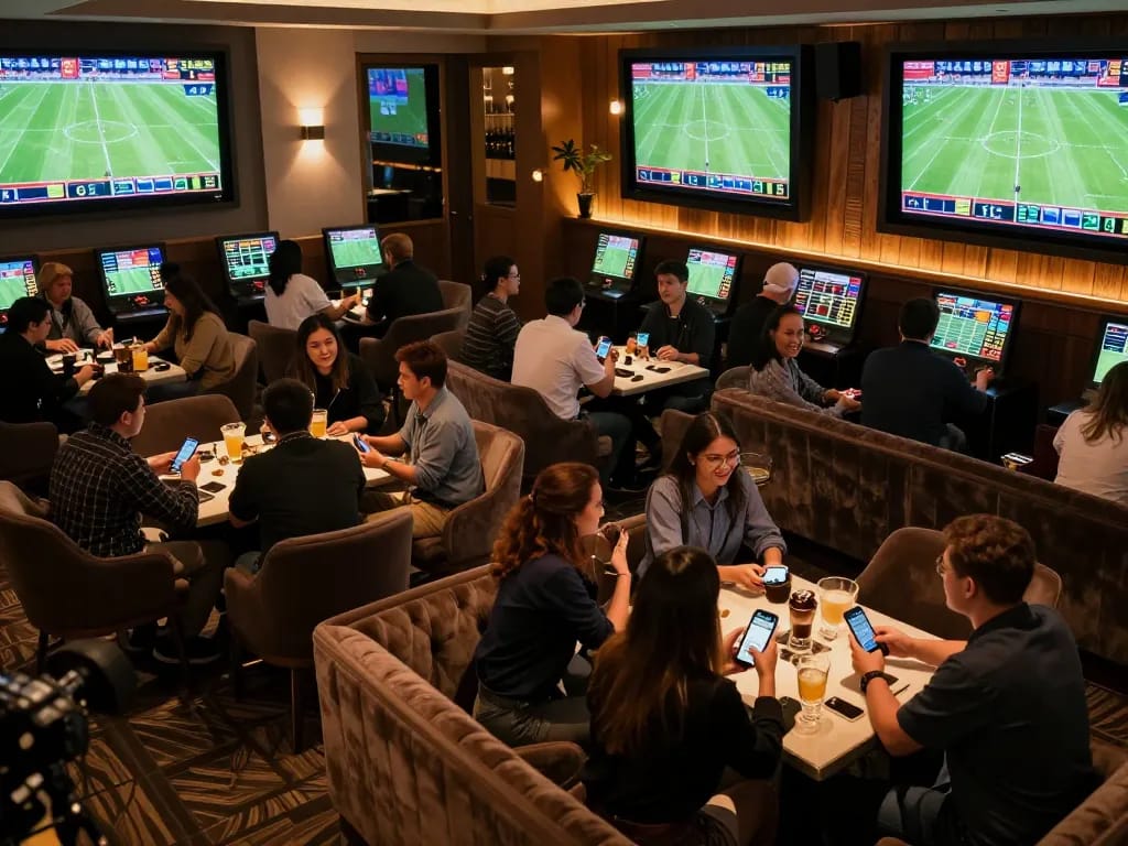 Xoilac fans engaging in sports betting while watching live football with friends in a cozy betting lounge.