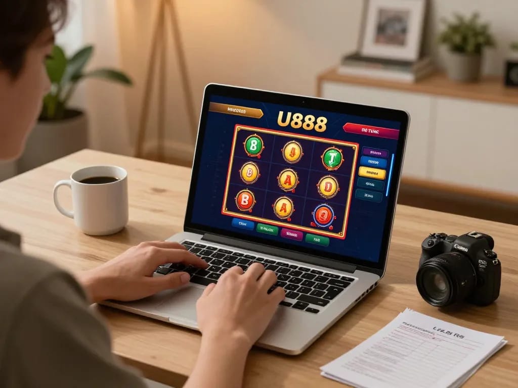 Engaging U888 online gaming scene with a player enjoying slots on a laptop in a cozy home setting.
