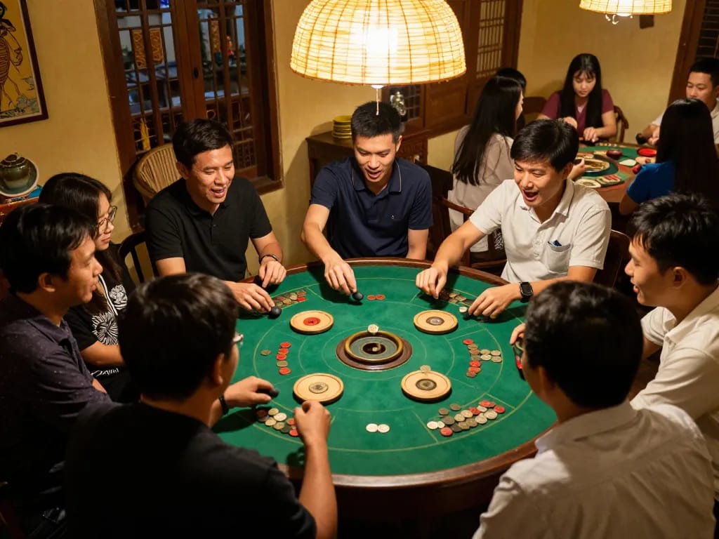 Xóc đĩa game in a lively home setting, players engaged in an exciting round around the table.