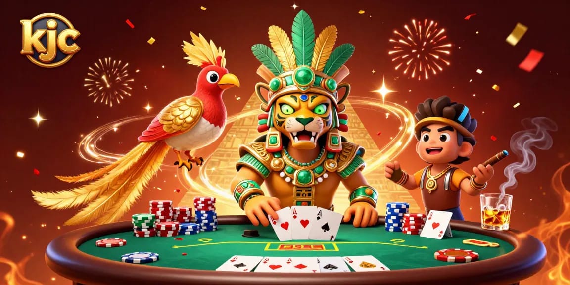 Experience thrilling poker action with kjc and a vibrant Mayan theme, showcasing dynamic elements.