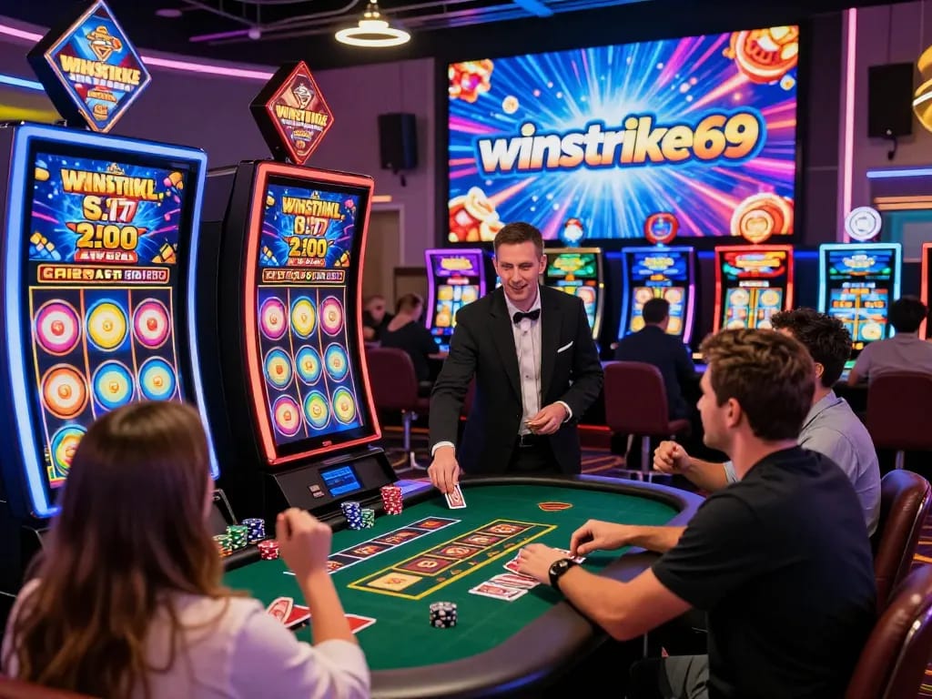 Winstrike69 vibrant online casino gaming scene with enthusiastic players and neon lights.