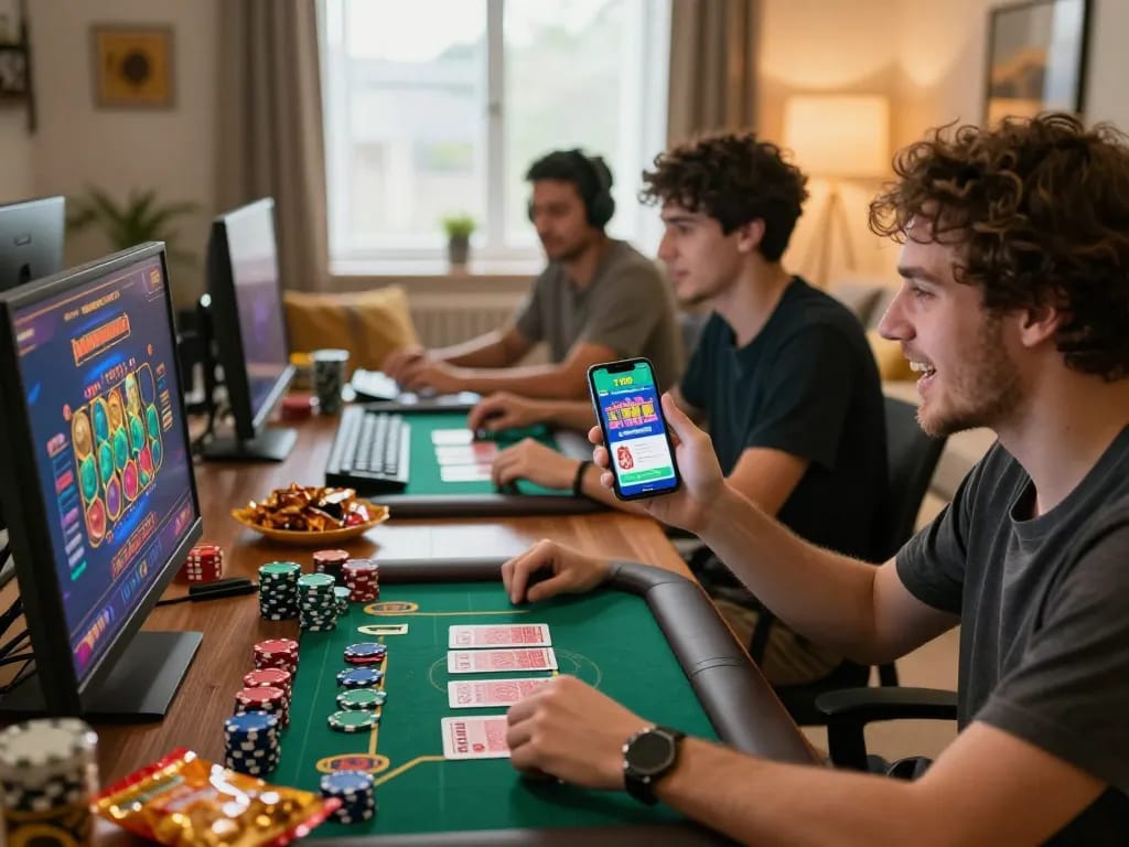 Engaged players enjoying online gambling at TT88, celebrating wins in a cozy gaming environment.