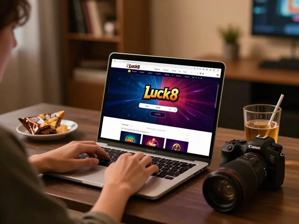 Engage with Luck8's online casino through a sleek laptop interface in a comforting gaming space