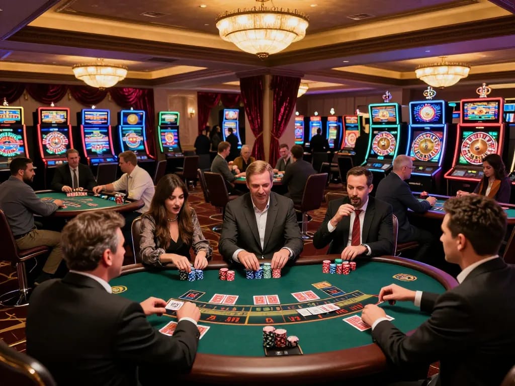 g28tv players engaging in a thrilling blackjack game at a luxurious casino with chips and cards laid out