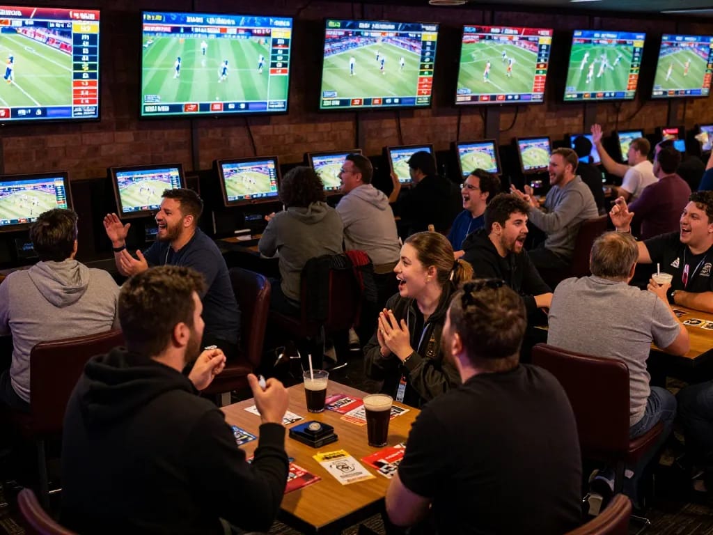 O8 sports betting scene with enthusiastic fans analyzing odds as they cheer for their teams