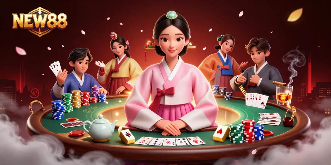 Experience NEW88's immersive live gambling scene with poker elements and stunning visuals.