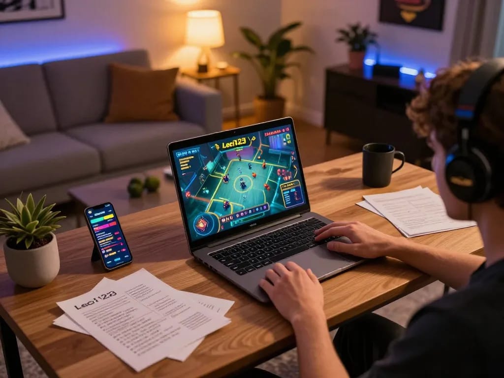 Leci123 player focused on game strategy at home, using laptop in a cozy gaming setup.