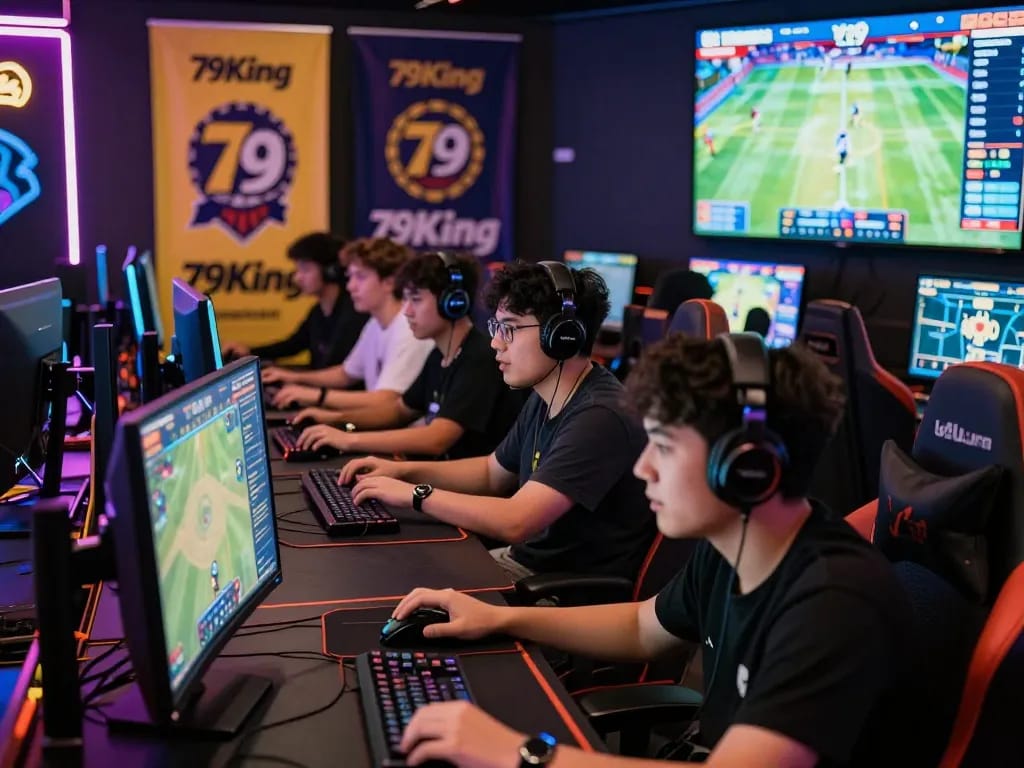 Thrilling gaming scene with players immersed in 79King casino and sports games, showcasing excitement and vibrant atmosphere.