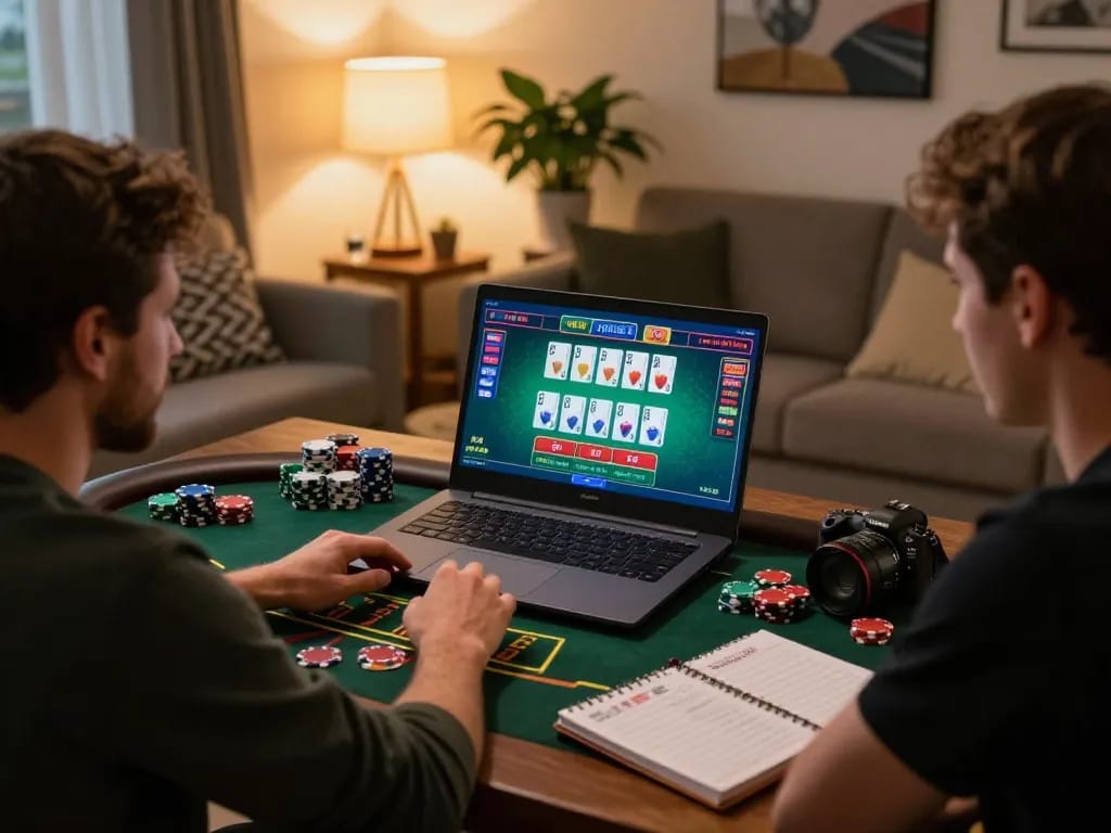 Player enjoying an engaging game of blackjack on Jogoluck, showcasing thrilling online gaming experience at home.