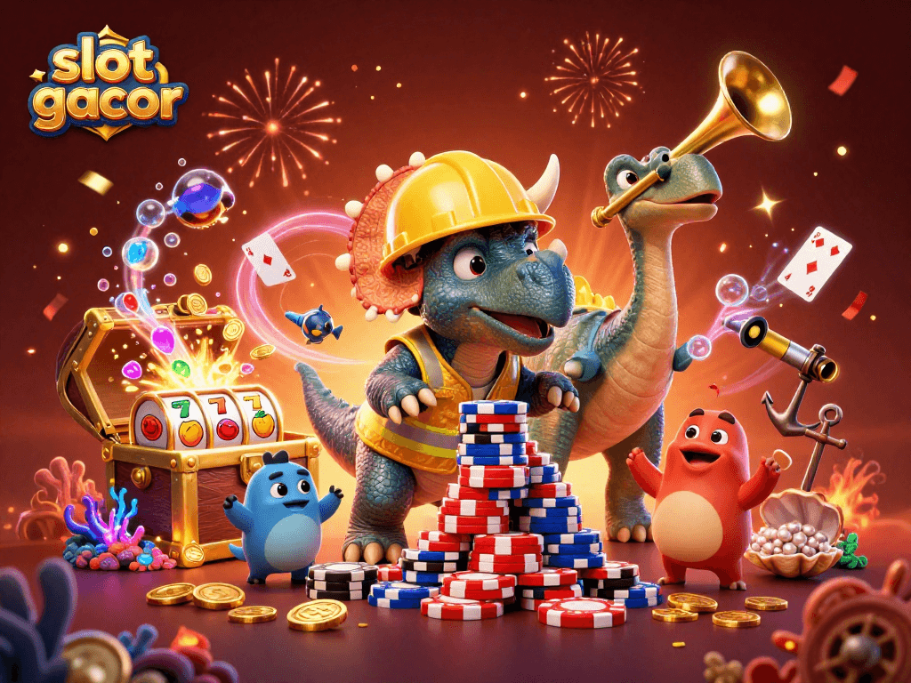 Slot gacor menampilkan triceratops membangun tumpukan poker chips sambil dikelilingi koin dan permainan kartu