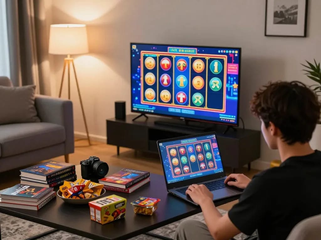 Player enjoying Rikvip online slot games in a cozy home setup