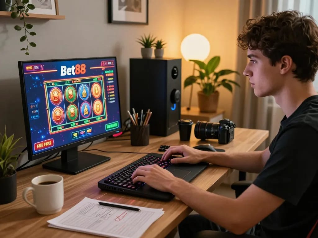 Bet88 user enjoying online casino games with a laptop in a cozy home setting