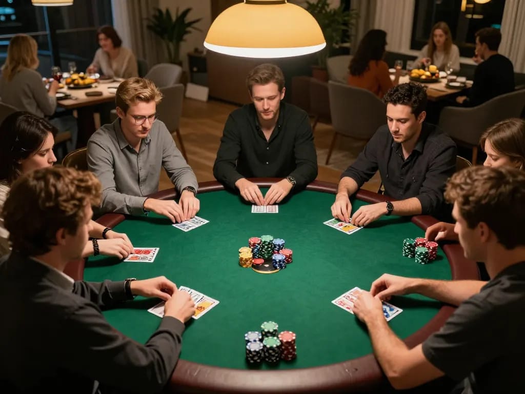 UU88 poker game in a cozy home setting showcasing players strategizing bets with chips.