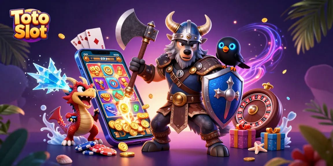 Toto Slot immersive cartoon scene with a Viking wolf, dragon, and raven, surrounded by dynamic gaming elements.