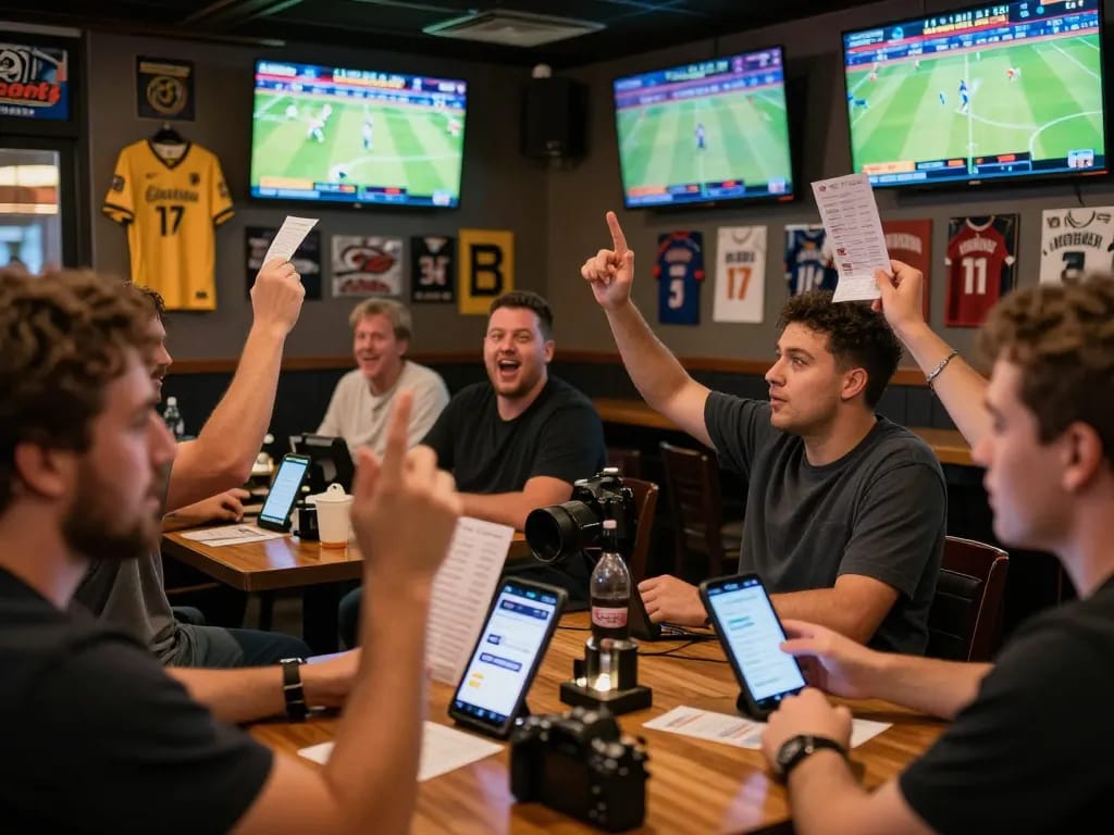 Engaged sports bettors using Net88 app for live game wagering in a lively bar setting.