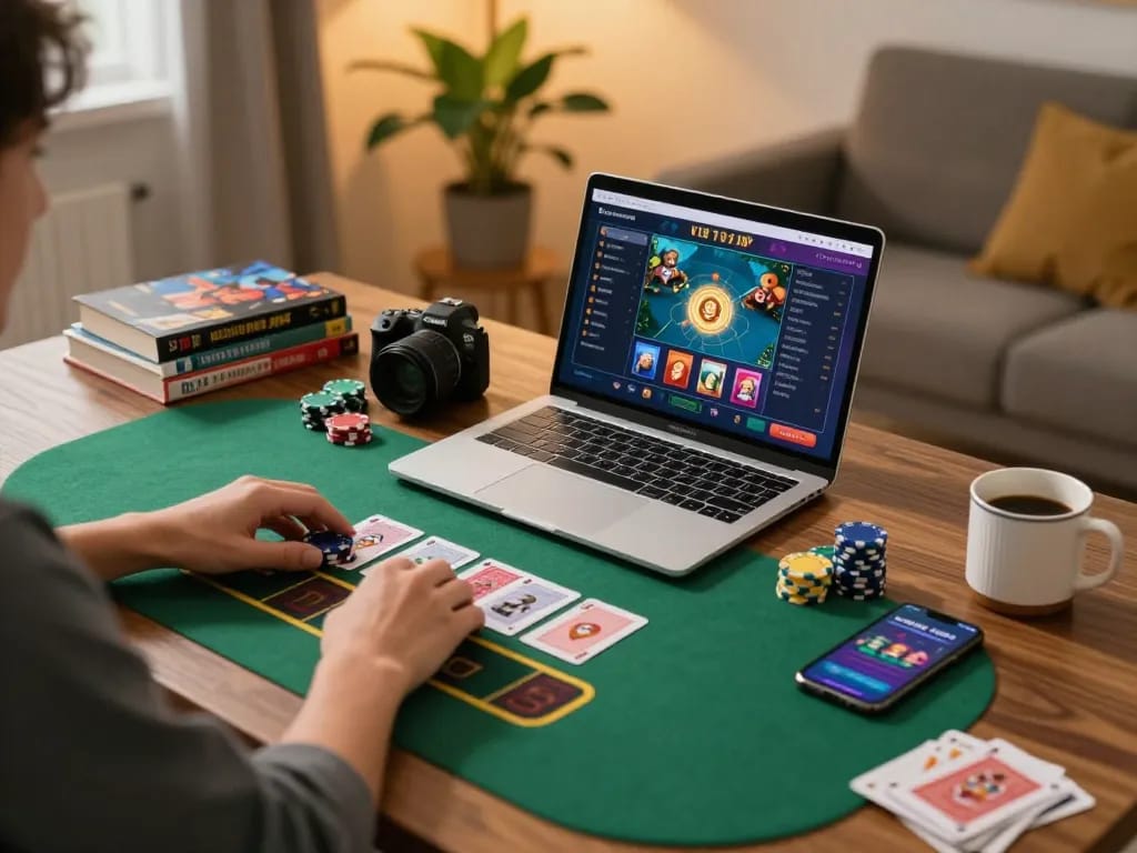 Play poker online with Sunwin from a cozy home setup featuring a laptop and smartphone display.