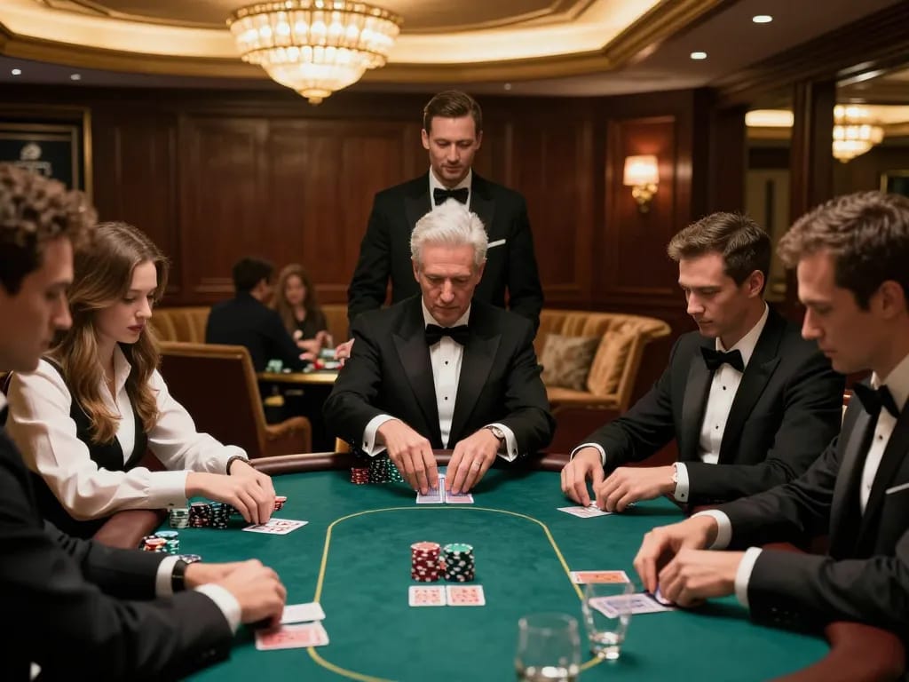 Players at red88 poker table in upscale casino lounge, showcasing high-stakes gameplay.
