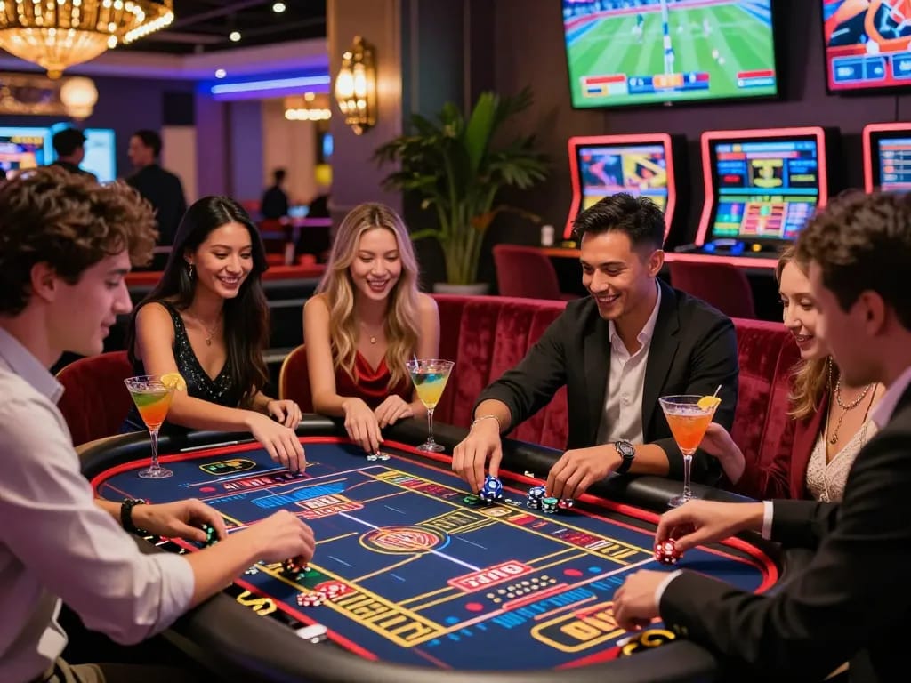 Engaging group enjoying lively HM88 online casino experience with thrilling games in a vibrant setting.