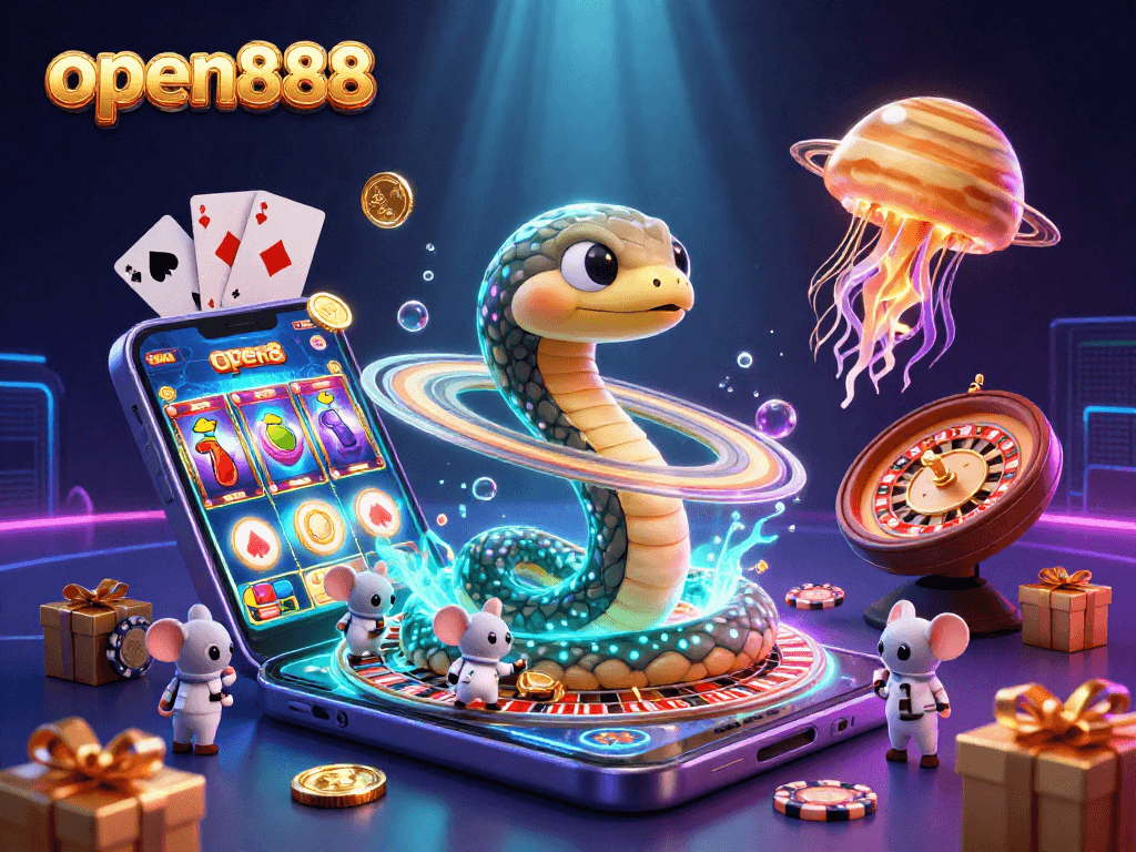 Experience open888 thrilling bets with a cosmic dealer amidst vibrant casino elements.