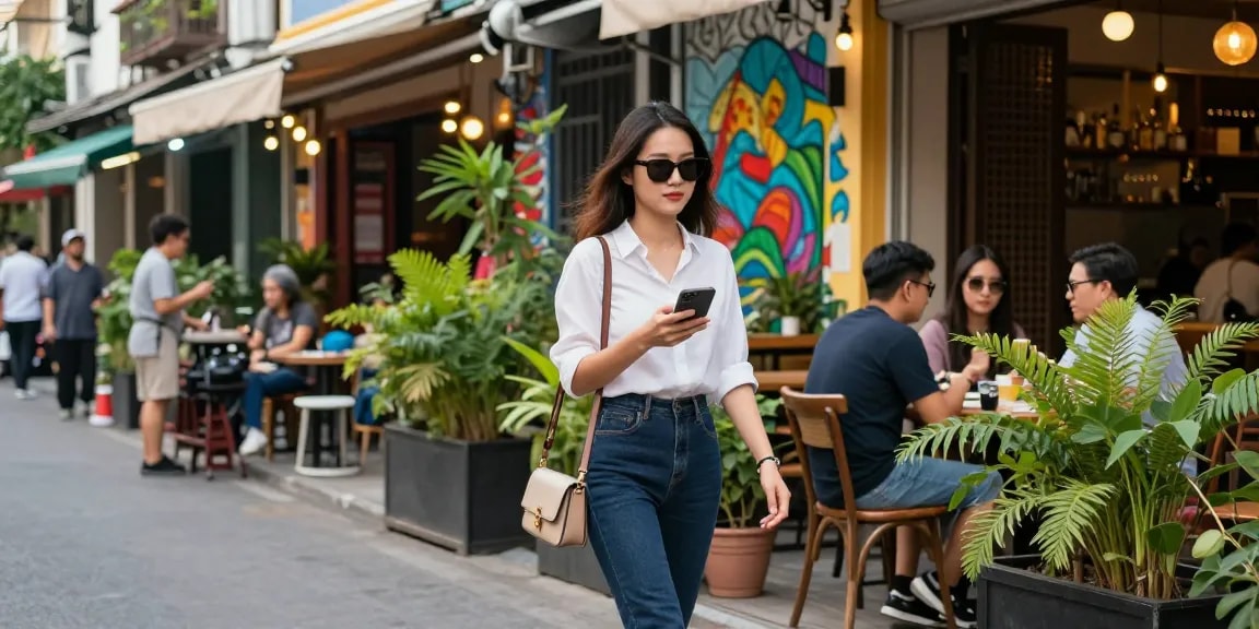 Những cô gái gọi hiện đại tự tin sải bước trong không gian sống động của phố phường Việt Nam.