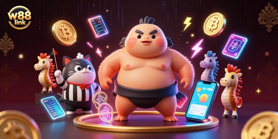 Exciting 3D scene of a fugu in a sumo outfit representing w88 link with crypto elements in an underwater casino.