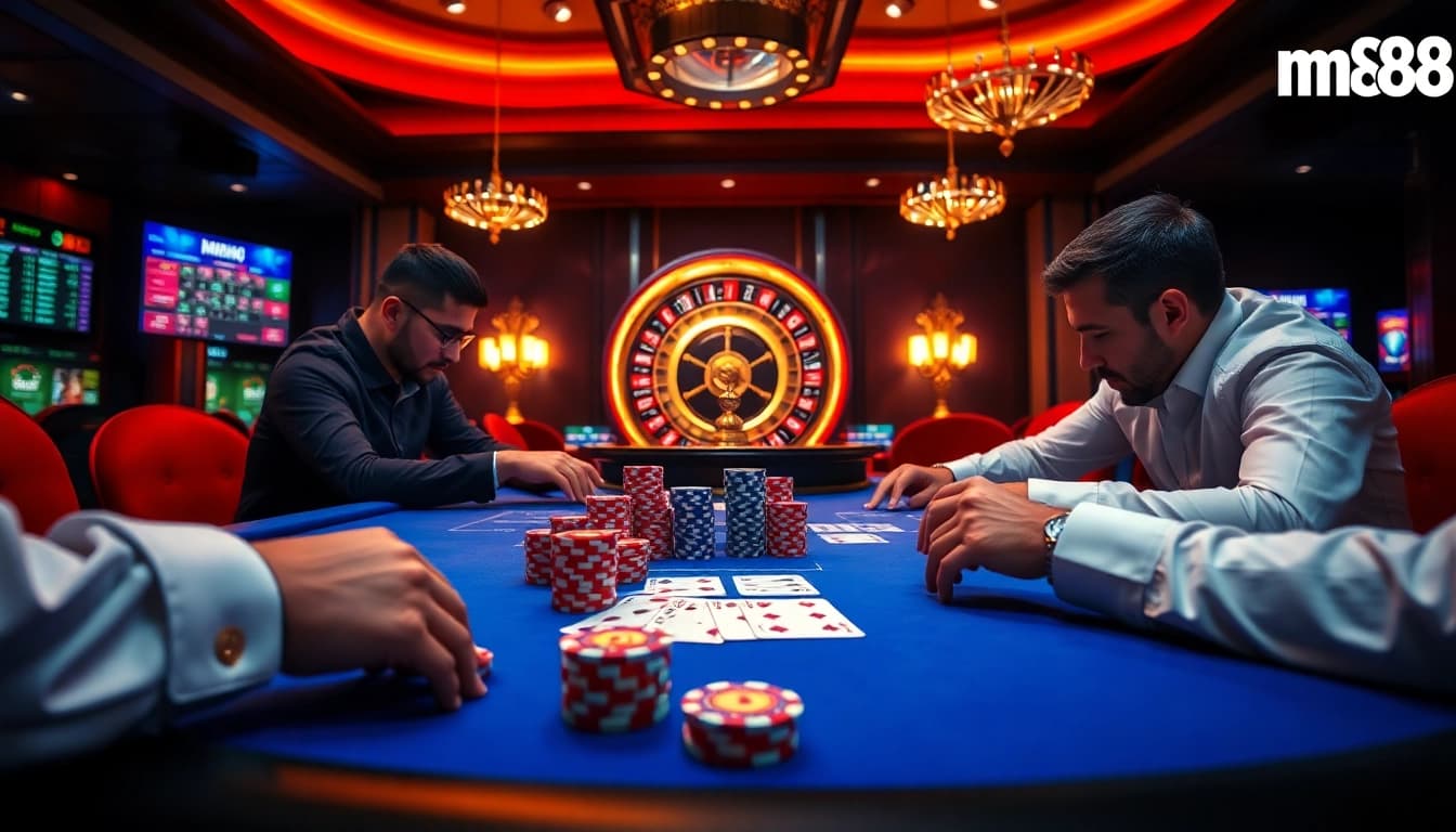 Experience the excitement of mm88 at a professional poker table with colorful chips and intense gameplay.