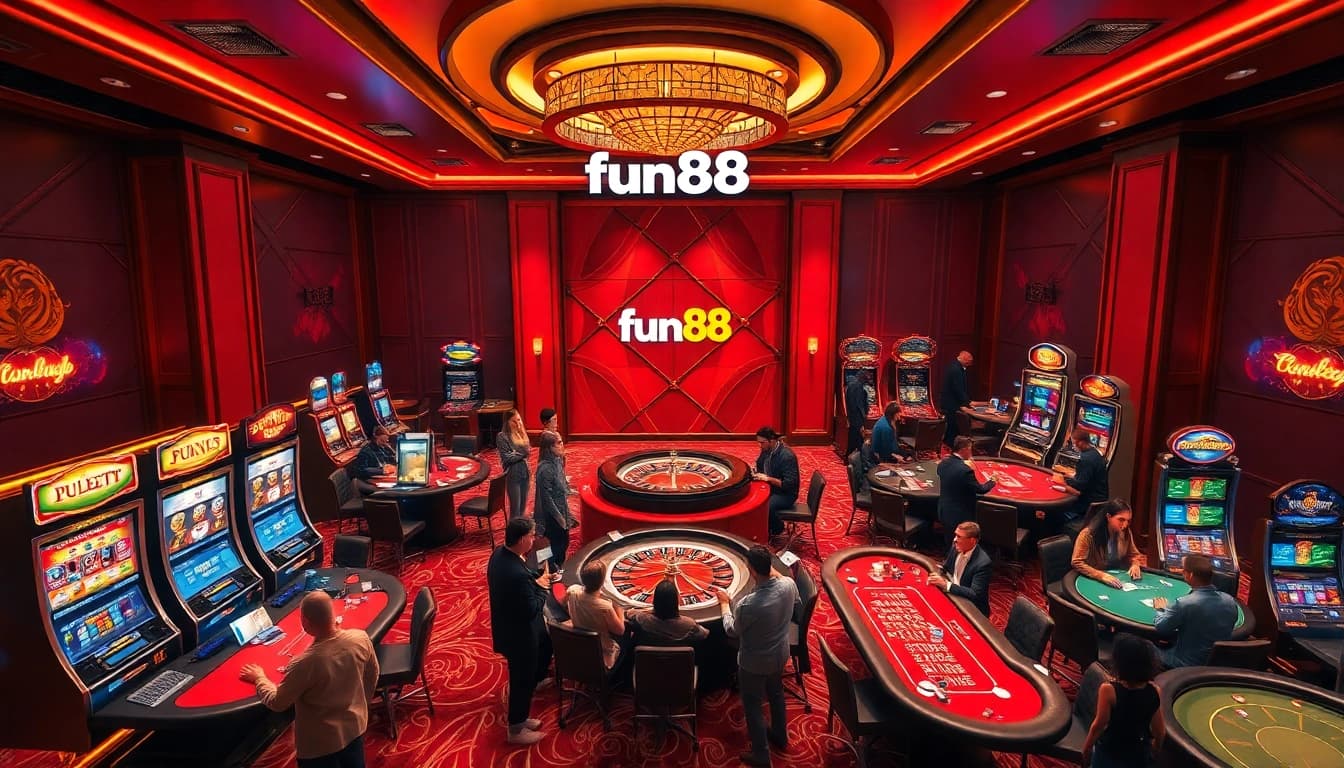 Engage in thrilling gambling at fun88 with vibrant casino tables and slot machines.