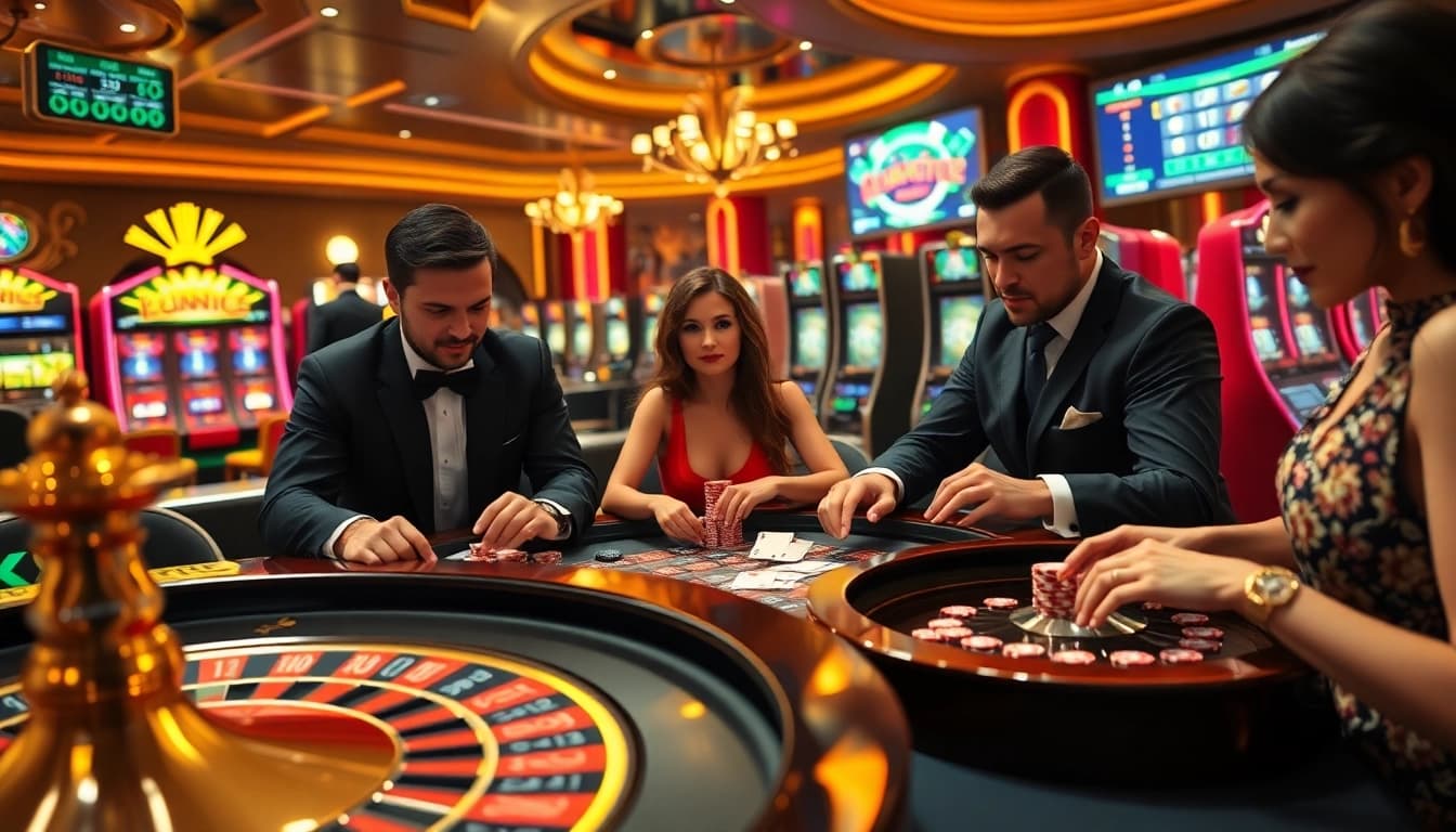 Dynamic betting action at rr88 casino with players at roulette and poker tables.