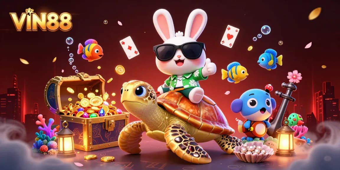 Experience the excitement of VIN88 with a vibrant 3D illustration of a lucky rabbit and sea turtle.