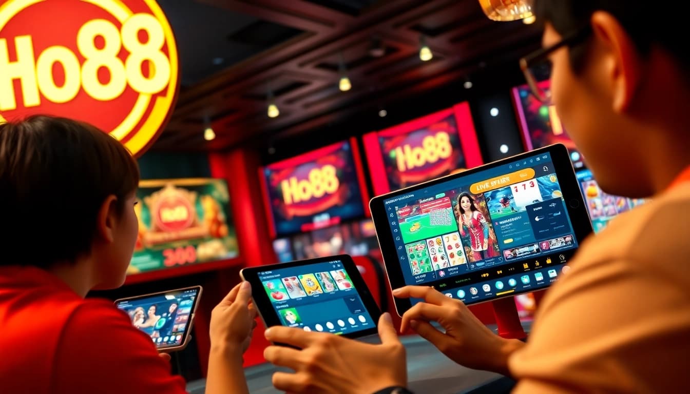 Dynamic online casino scene with Ho88 branding showcasing diverse games and vibrant atmosphere.